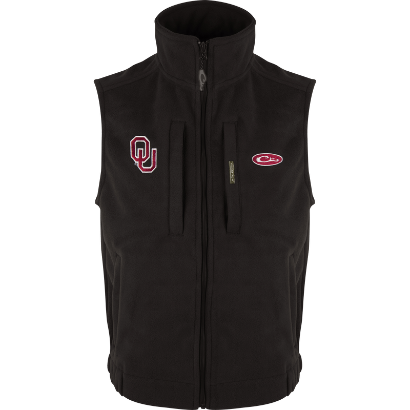 Oklahoma Windproof Layering Vest featuring an embroidered logo on the chest, fleece material, zipper pockets, and a stand-up collar for warmth and wind protection.