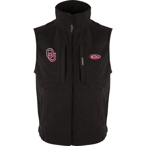 Oklahoma Windproof Layering Vest featuring an embroidered logo on the chest, fleece material, zipper pockets, and a stand-up collar for warmth and wind protection.