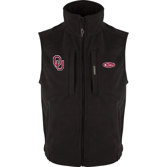 Oklahoma Windproof Layering Vest featuring an embroidered logo on the chest, fleece material, zipper pockets, and a stand-up collar for warmth and wind protection.