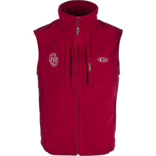 Oklahoma Windproof Layering Vest featuring a logo, vertical zippered chest pocket, and stand-up collar. Designed for high warmth-to-weight ratio and wind resistance.