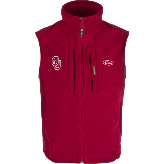 Oklahoma Windproof Layering Vest featuring a logo, vertical zippered chest pocket, and stand-up collar. Designed for high warmth-to-weight ratio and wind resistance.