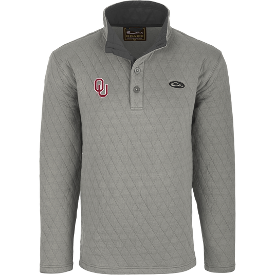 Oklahoma Delta Quilted 1/4 Snap Sweatshirt featuring a four-button placket and embroidered team logo, designed for warmth with polyester fill diamond quilting.