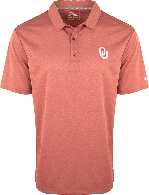 Oklahoma Vintage Heather Polo featuring an official Alabama logo on the left chest, designed with four-way stretch and quick-drying fabric for comfort and style.