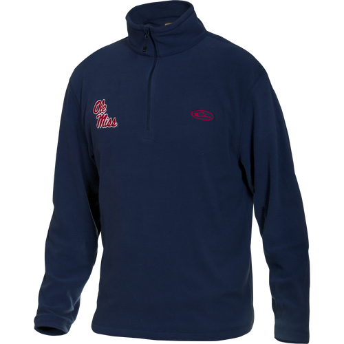 A midweight Camp Fleece 1/4 Zip Pullover featuring the Ole Miss logo on the right chest. Perfect for cool fall days, it has an anti-pill finish and is made of 100% polyester micro-fleece. Moisture-wicking and durable.