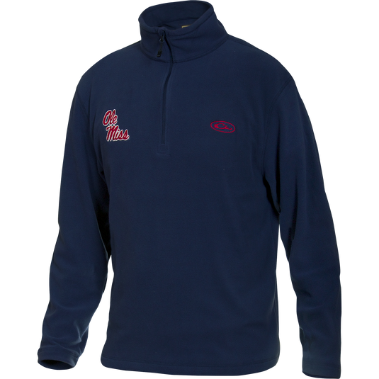 A midweight Camp Fleece 1/4 Zip Pullover featuring the Ole Miss logo on the right chest. Perfect for cool fall days, it has an anti-pill finish and is made of 100% polyester micro-fleece. Moisture-wicking and durable.