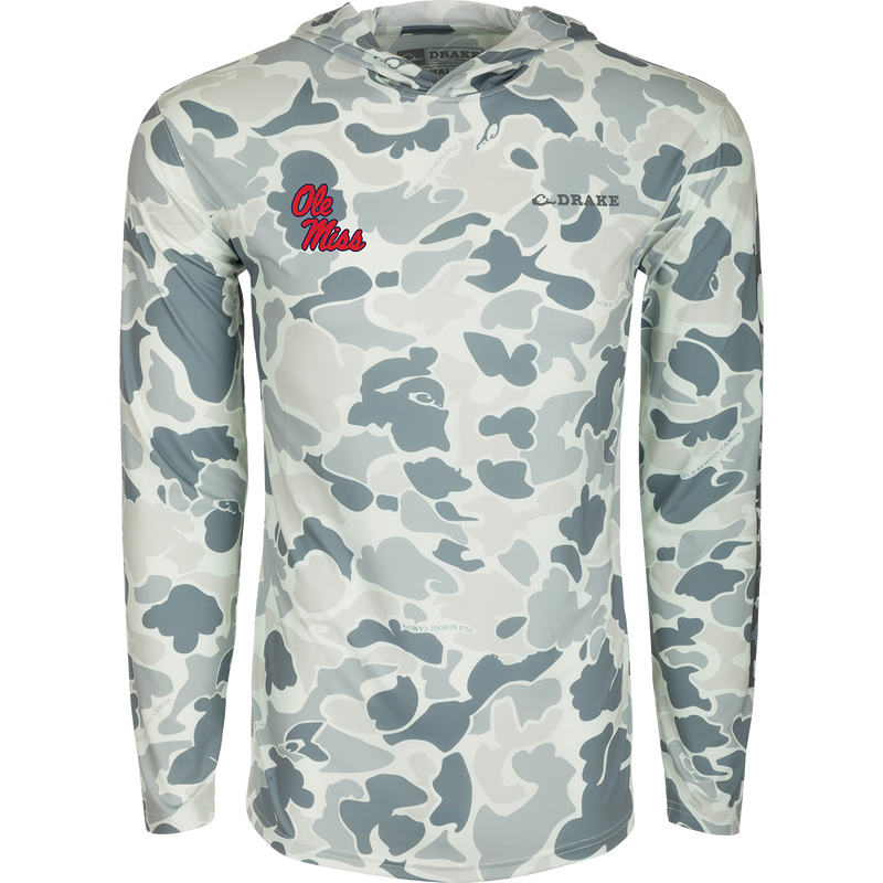 A long-sleeved performance camo hoodie with exceptional functionality and built-in cooling, UPF 50 sun protection, moisture-wicking, and quick-drying features. Lightweight and versatile, perfect for all weather conditions. From Purewhitelaneshop, high-quality hunting gear and clothing.