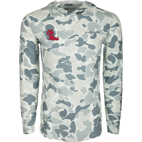 A long-sleeved performance camo hoodie with exceptional functionality and built-in cooling, UPF 50 sun protection, moisture-wicking, and quick-drying features. Lightweight and versatile, perfect for all weather conditions. From Purewhitelaneshop, high-quality hunting gear and clothing.