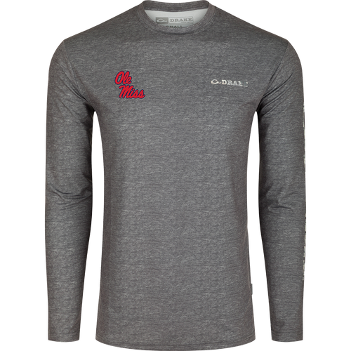 Ole Miss Performance Heather Long Sleeve Crew - A functional grey shirt with red text, designed for all-year wear with cooling, stretch, and moisture-wicking features. Lightweight and comfortable, perfect for Autumn afternoons.