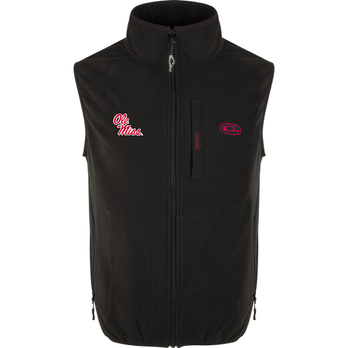 A windproof layering vest with Ole Miss logo embroidery on the right chest. Stand-up collar, Magnattach™ left chest pocket, and lower hand warmer pockets. Made of 100% polyester with a windproof, water-resistant ultra-warm fleece. Ideal for big game hunting, waterfowl hunting, turkey hunting, and fishing. High-quality hunting gear and clothing from Purewhitelaneshop.