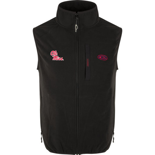 A windproof layering vest with Ole Miss logo embroidery on the right chest. Stand-up collar, Magnattach™ left chest pocket, and lower hand warmer pockets. Made of 100% polyester with a windproof, water-resistant ultra-warm fleece. Ideal for big game hunting, waterfowl hunting, turkey hunting, and fishing. High-quality hunting gear and clothing from Purewhitelaneshop.