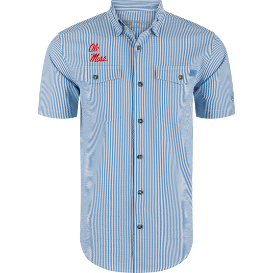 Ole Miss Frat Seersucker Short Sleeve Shirt with vertical stripes, two chest pockets, embroidered logo, button-down collar, vented cape back, ideal for game day wear.