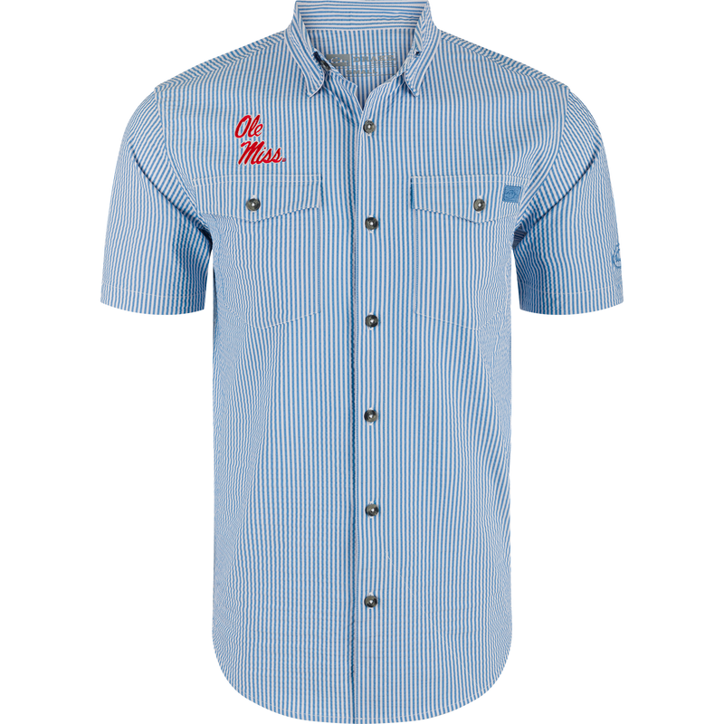 Ole Miss Frat Seersucker Short Sleeve Shirt with buttons, point collar, two chest flap pockets, red script embroidery, vented cape back, and sculpted hem sunglass wipe.