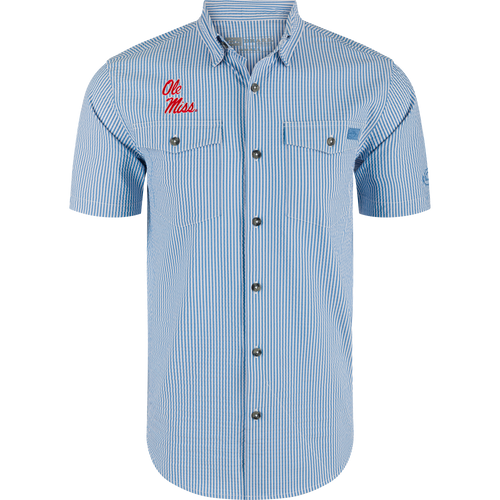 Ole Miss Frat Seersucker Short Sleeve Shirt with buttons, point collar, two chest flap pockets, red script embroidery, vented cape back, and sculpted hem sunglass wipe.