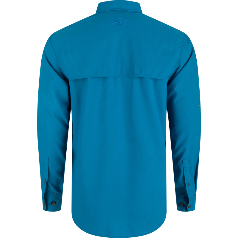 Ole Miss Frat Dobby Long Sleeve Shirt, a lightweight, moisture-wicking polyester shirt with hidden collar, chest pockets, and adjustable sleeves.