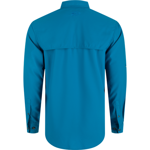 Ole Miss Frat Dobby Long Sleeve Shirt, a lightweight, moisture-wicking polyester shirt with hidden collar, chest pockets, and adjustable sleeves.