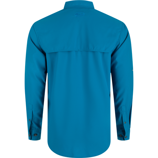 Ole Miss Frat Dobby Long Sleeve Shirt, a lightweight, moisture-wicking polyester shirt with hidden collar, chest pockets, and adjustable sleeves.