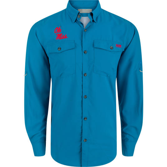 Ole Miss Frat Dobby Long Sleeve Shirt with hidden collar and chest pockets, made from featherweight 100% polyester. UPF30 sun protection, moisture-wicking, and quick-drying fabric for comfort. Sculpted hem and adjustable roll-up sleeves for versatility.