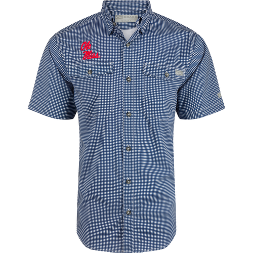 Ole Miss Frat Gingham shirt with hidden button-down collar, vented cape back, and sculpted hem. Lightweight, stretchy, and moisture-wicking.