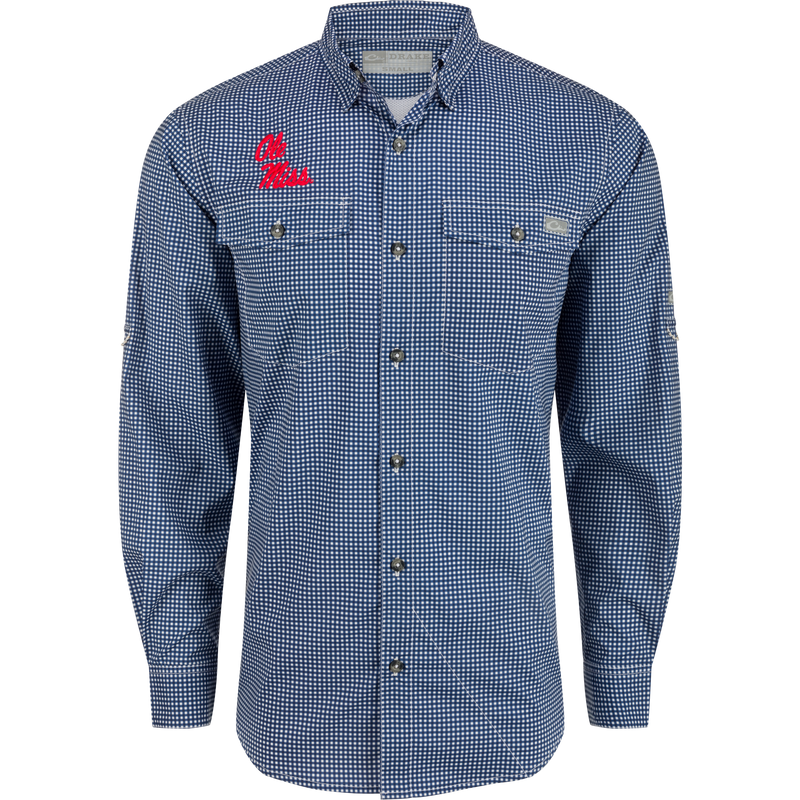 Ole Miss Frat Gingham long sleeve shirt with hidden button-down collar, vented cape back, and adjustable roll-up sleeves.