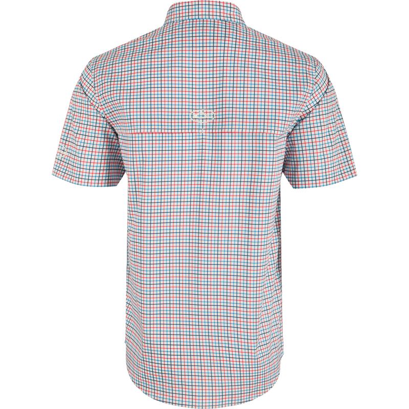 Ole Miss Frat Tattersall Short Sleeve Shirt, a lightweight performance shirt with UPF30 sun protection, moisture-wicking fabric, and a hidden button-down collar. Features include vented cape back, two chest pockets, and a sculpted hem.