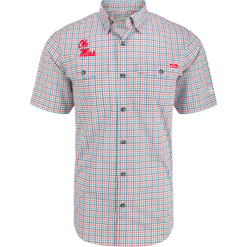 A classic fit Ole Miss Frat Tattersall shirt with hidden button-down collar, vented cape back, and two chest pockets. Lightweight, moisture-wicking, and UPF 30 sun protection.