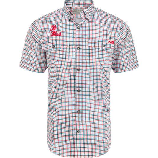 A classic fit Ole Miss Frat Tattersall shirt with hidden button-down collar, vented cape back, and two chest pockets. Lightweight, moisture-wicking, and UPF 30 sun protection.