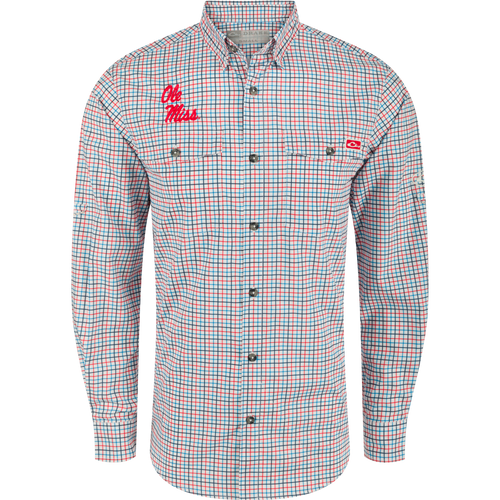 Ole Miss Frat Tattersall Long Sleeve Shirt with logo on lightweight fabric, hidden button-down collar, and adjustable roll-up sleeves.