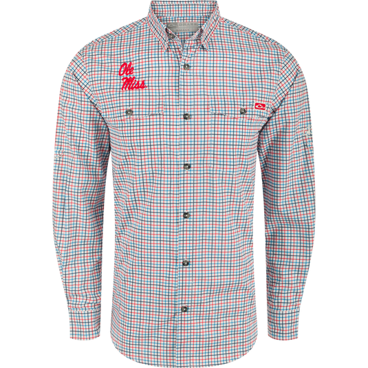 Ole Miss Frat Tattersall Long Sleeve Shirt with logo on lightweight fabric, hidden button-down collar, and adjustable roll-up sleeves.