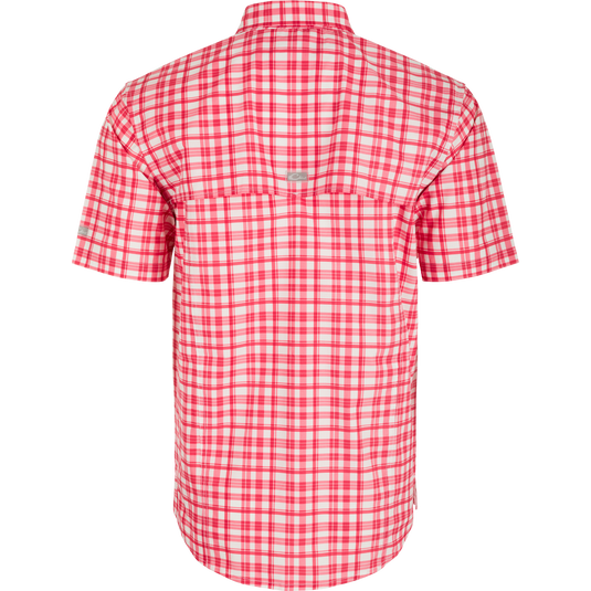 Ole Miss Hunter Creek Windowpane Plaid Short Sleeve Shirt, a lightweight, moisture-wicking, and sun-protective shirt with hidden collar and chest pockets.