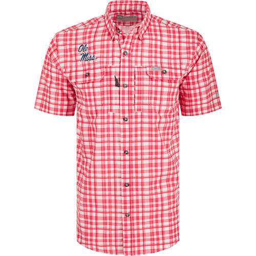 Ole Miss Hunter Creek Windowpane Plaid Short Sleeve Shirt, a lightweight polyester shirt with built-in cooling, stretch, and UPF 30 sun protection. Features a hidden button-down collar, vented cape back, and button-through flap chest pockets. Classic game day style.