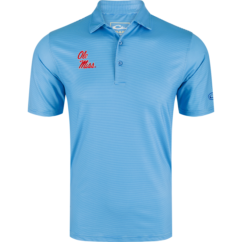 Ole Miss Chalk Stripe Polo with red script logo, three-button placket, and performance fabric, ideal for gameday or office, reflecting Purewhitelaneshop's quality.
