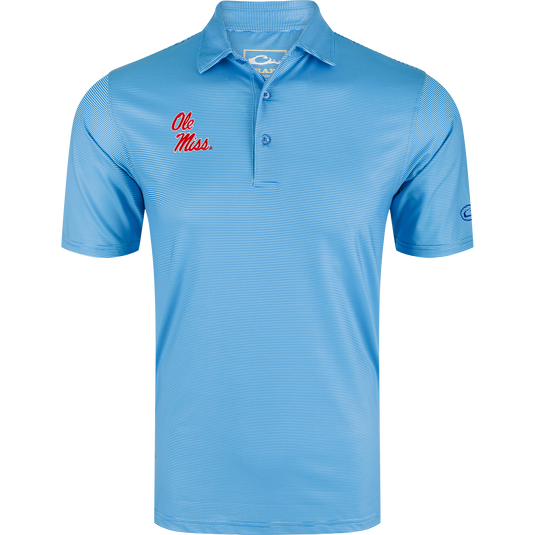Ole Miss Chalk Stripe Polo with embroidered logo, three-button placket, self-fabric collar, and open sleeves, offering stretch, UPF 30, and moisture-wicking features.