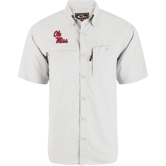 Ole Miss 8-Shot Short Sleeve Shirt with red script logo, dual chest pockets—button flap and zip entry, ideal for outdoor activities with moisture-wicking and sun protection features.