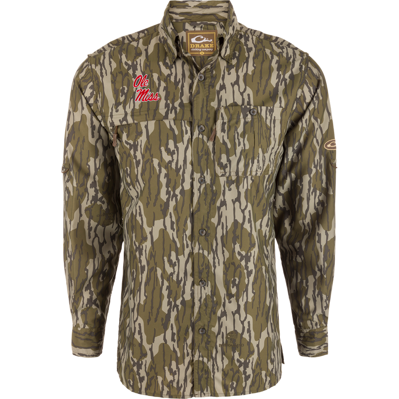 Ole Miss 8-Shot Long Sleeve Shirt with camo pattern, featuring chest pockets, embroidered logo, hidden zippers, and vented back, ideal for outdoor activities.