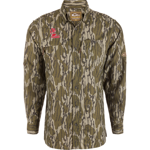 Ole Miss 8-Shot Long Sleeve Shirt with camo pattern, featuring chest pockets, embroidered logo, hidden zippers, and vented back, ideal for outdoor activities.