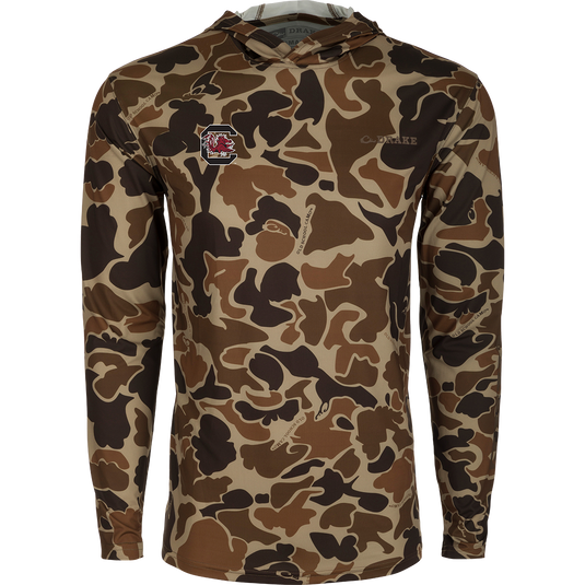 South Carolina Performance Long Sleeve Camo Hoodie with logo on lightweight fabric for all-weather wear. Built-in cooling, UPF 50, moisture-wicking, and quick-drying features.
