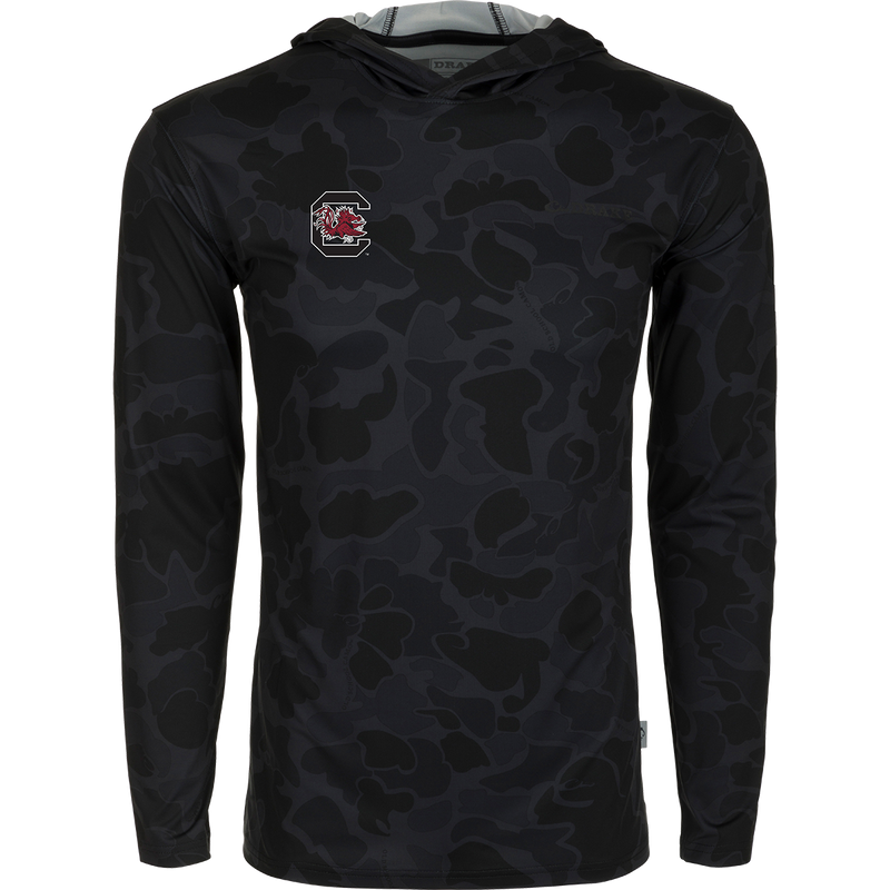 South Carolina Performance Long Sleeve Camo Hoodie with black fabric and red logo. Exceptional functionality, lightweight, and packed with performance features.
