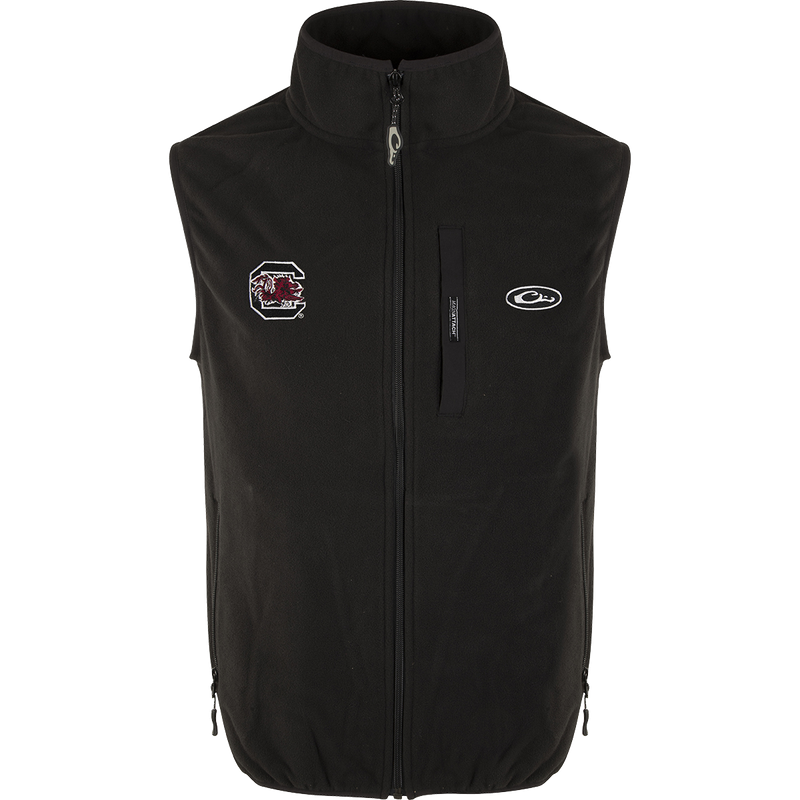 South Carolina Camp Fleece Vest: Windproof layering vest with logo embroidery on right chest. Stand-up collar, Magnattach™ pocket, and hand warmer pockets.