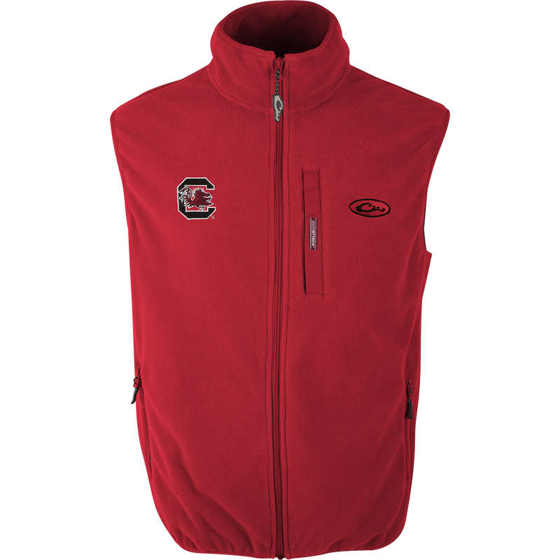 South Carolina Camp Fleece Vest with logo embroidery on right chest. Windproof, water resistant, ultra-warm fleece. Stand-up collar, Magnattach™ pocket, hand warmer pockets.