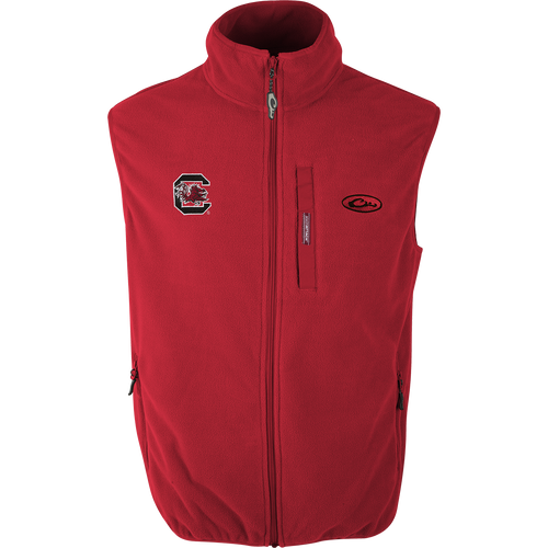 South Carolina Camp Fleece Vest with logo embroidery on right chest. Windproof, water resistant, ultra-warm fleece. Stand-up collar, Magnattach™ pocket, hand warmer pockets.