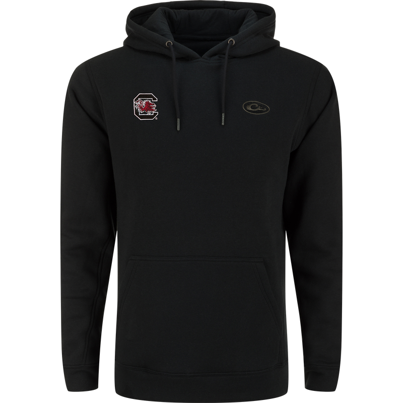 South Carolina Three End Hoodie featuring a Gamecocks logo, kangaroo pocket, and drawstring hood. Crafted from 55% BCI Cotton and 45% Polyester for comfort and durability.