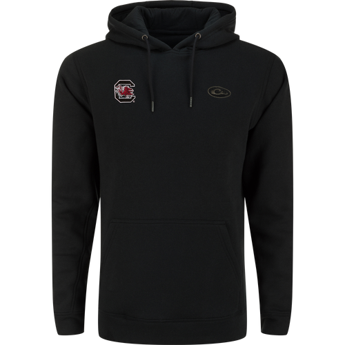 South Carolina Three End Hoodie featuring a Gamecocks logo, kangaroo pocket, and drawstring hood. Crafted from 55% BCI Cotton and 45% Polyester for comfort and durability.