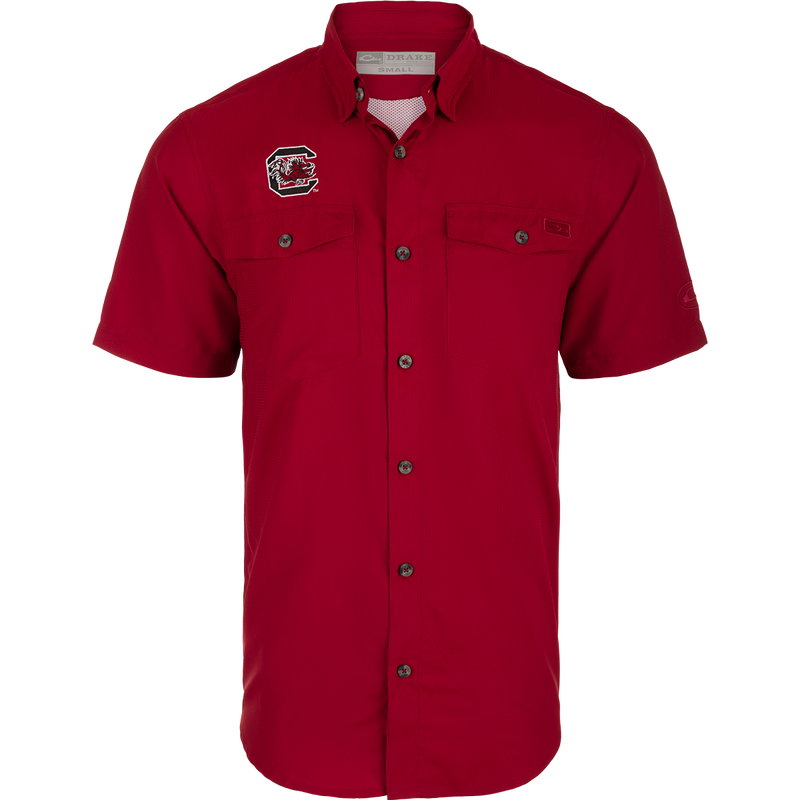 South Carolina Frat Dobby Solid Short Sleeve Shirt: A red shirt with a logo, hidden button-down collar, and button-through flap chest pockets.