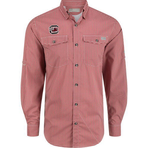 South Carolina Frat Gingham shirt with hidden button-down collar, flap chest pockets, and adjustable roll-up sleeves.