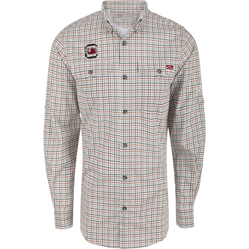 South Carolina Frat Tattersall Long Sleeve Shirt, featuring classic fit, hidden button-down collar, and vented cape back.