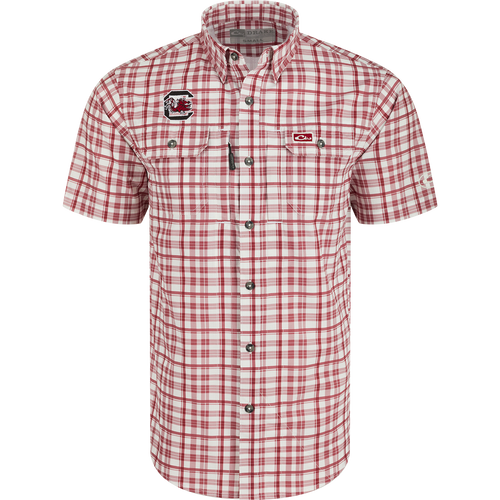 South Carolina Hunter Creek Windowpane Plaid Shirt: Lightweight, moisture-wicking, and UPF30 sun protection. Classic fit with hidden button-down collar and chest pockets.