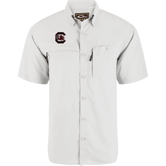 South Carolina 8-Shot Short Sleeve Shirt with chest pockets, Gamecocks logo, button-down collar, vented cape back; designed for moisture-wicking and sun protection.