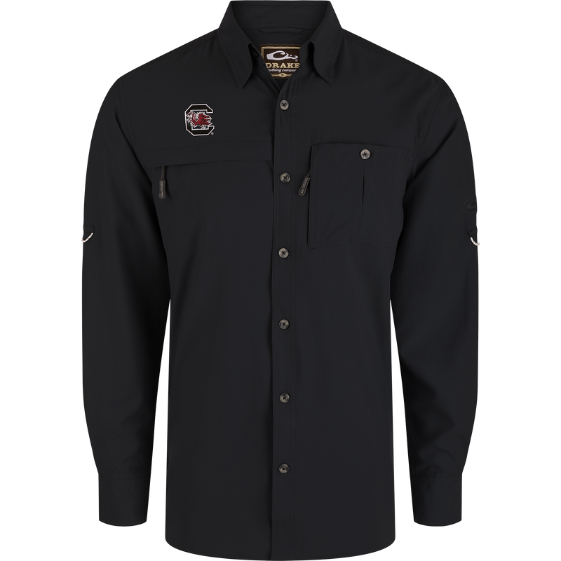 South Carolina 8-Shot Long Sleeve Shirt with Gamecocks logo, featuring button-up design, dual chest pockets, and Drake branding, crafted for performance and sun protection.