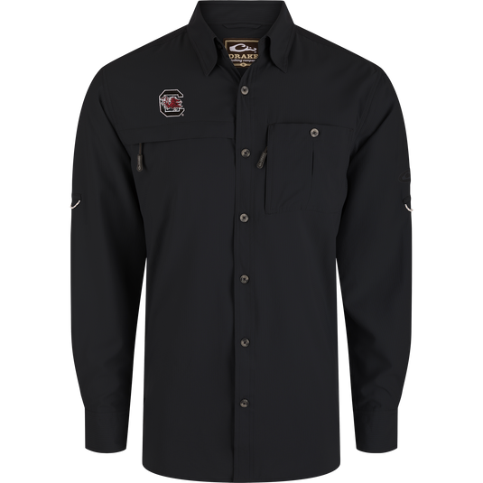 South Carolina 8-Shot Long Sleeve Shirt with Gamecocks logo, featuring button-up design, dual chest pockets, and Drake branding, crafted for performance and sun protection.