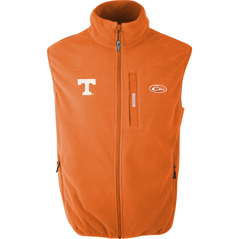 Tennessee Camp Fleece Vest with logo embroidery on right chest. Windproof, water resistant, ultra-warm fleece. Stand-up collar, Magnattach™ pocket, hand warmer pockets.